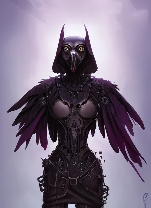 Prompt: anthropomorphic raven cyborg character portrait, cloak, game design fanart by concept artist gervasio, behance hd by jesper ejsing, by rhads, h. r. giger, makoto shinkai and lois van baarle, ilya kuvshinov