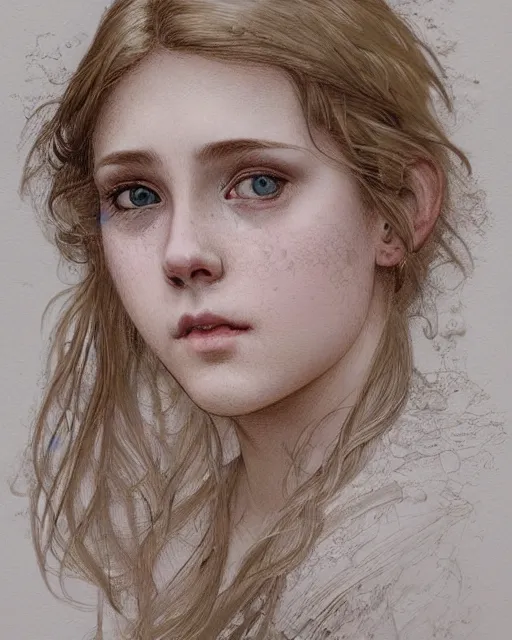 Image similar to portrait of 1 6 - year - old woman with dirty blonde hair down to her waist, pale eyebrows and protuberant silver eyes, wearing white shirt, hyper realistic face, beautiful eyes, fantasy art, in the style of greg rutkowski, intricate, alphonse mucha, hyper detailed, smooth