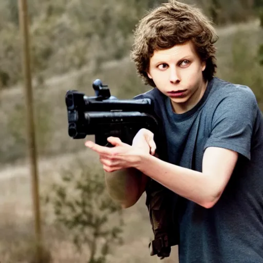 Image similar to michael cera as an action movie star, cinematic, directed by michael bay