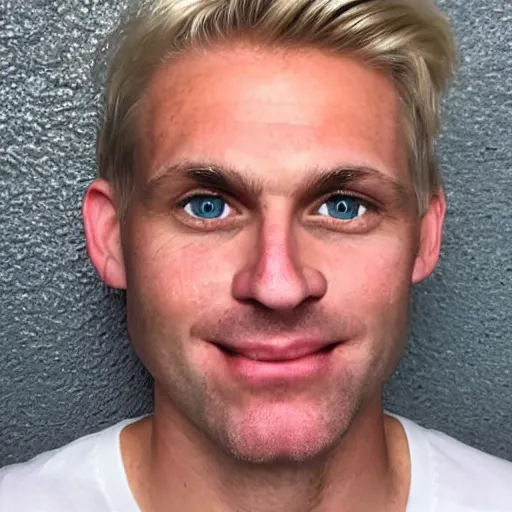 Image similar to full face color photograph of a 40 year old very handsome white man with very short, wavy, light blond hair and very small slanted blue eyes, dressed in a white t shirt, gray shorts and black socks, with very thin lips, with a straight nose and blond stubble on his oval face, and pale skin. He resembles a lion.