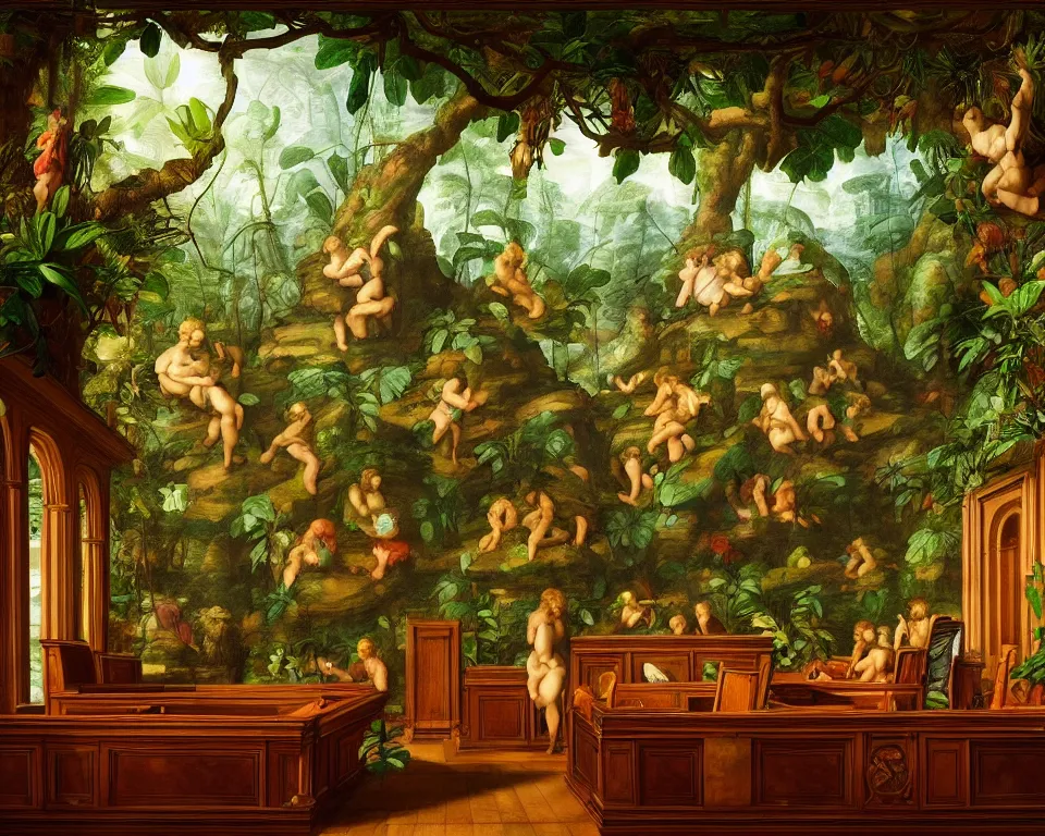 Prompt: an ornate courtroom in the rainforest by raphael and hopper. hyperdetailed, proportional, romantic, enchanting, achingly beautiful, graphic print, trending on artstation, jungle, tropical, foliage