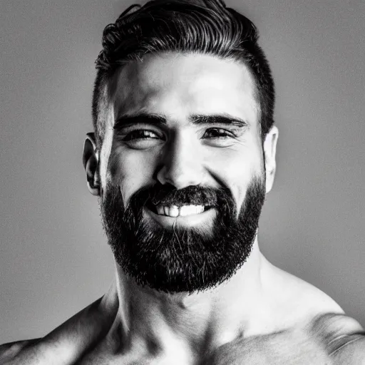 Image similar to Black and white photography of a very muscular man smiling with a chiseled jawline and trimmed beard