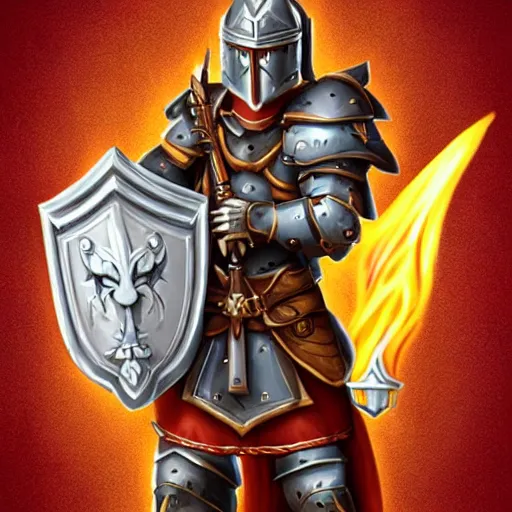 Image similar to holy paladin wearing full plate armor holding a monkey crest shield and holding flame tongue sword and riding a velociraptor, concept fantasy, dnd