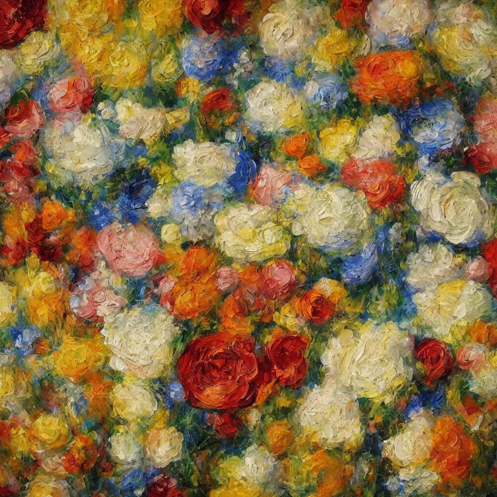 Image similar to texture of large 3d high relief petals painted in the style of the old masters, painterly, thick heavy impasto, expressive impressionist style, painted with a palette knife