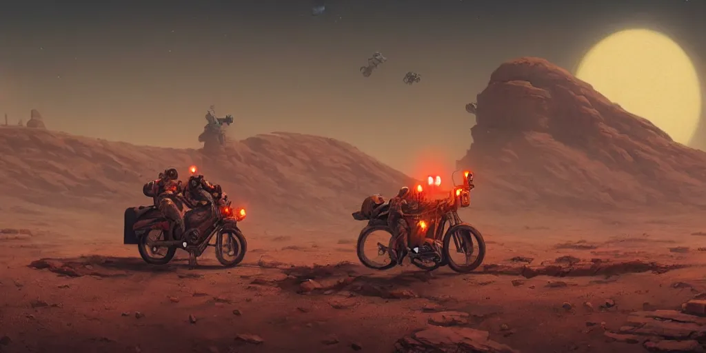 Image similar to american astronaut driving a motorcycle in mars, tribe members chasing, action scene, an epic fantasy, dramatic lighting, cinematic, establishing shot, extremely high detail, photorealistic, cinematic lighting, artstation, octane render, by simon stalenhag, horizon forbidden west