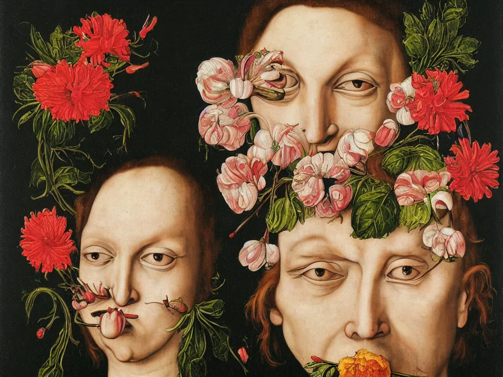 Image similar to The flower-eating weirdo. Portrait painting by Lucas Cranach.