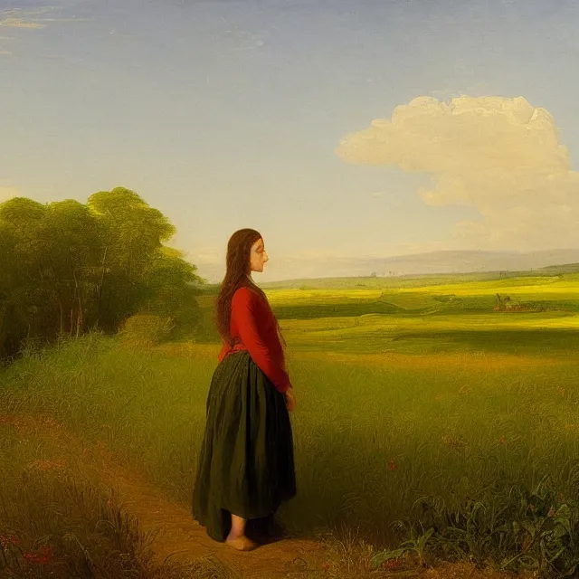 Prompt: A girl standing in a field, facing the wheat field, with the woods behind her by Thomas Cole