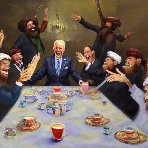 Image similar to a painting of joe biden laugh in tea party with taliban, ultra detailed content : face, gesture, body, mimic. random position content, frontal realistic, sharp focus, intricate, dynamic composition, 2 colors, delete duplicate contents.