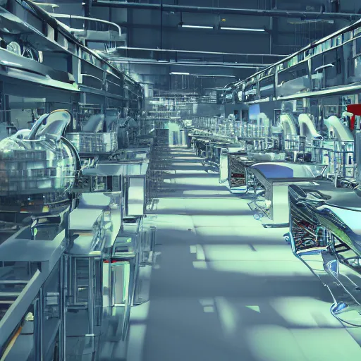 Prompt: A futuristic high-tech factory run by artificial-intelligence, digital art, 4k, realistic, unreal engine