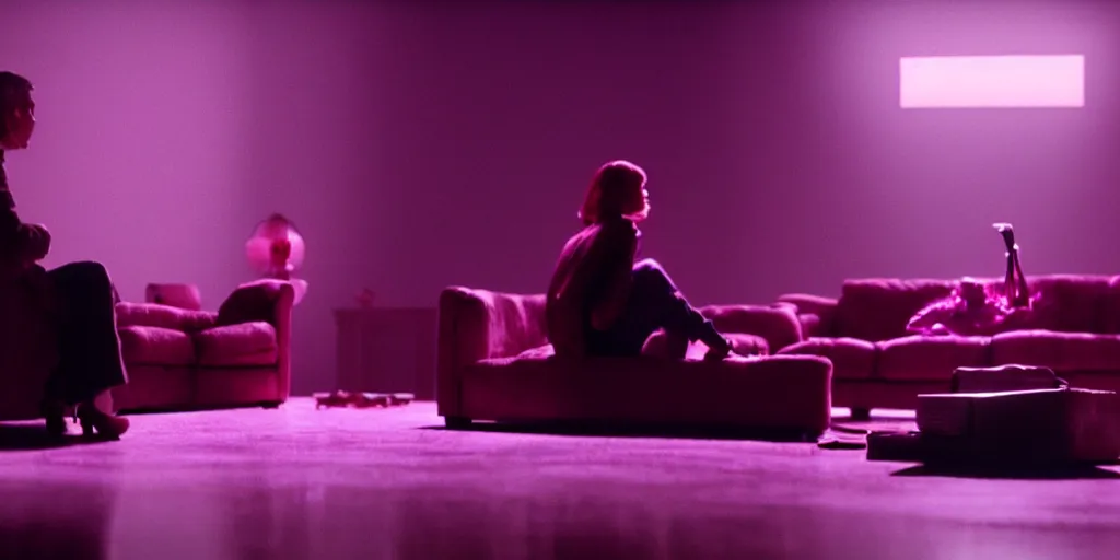 Image similar to cinestill of a giant form made of purple wax float through the living room film still from the movie directed by denis villeneuve with art direction, pouring rain menacing lights shadows, 8 k, hd, high resolution, 3 5 mm, f / 3 2, ultra realistic faces, lost highway