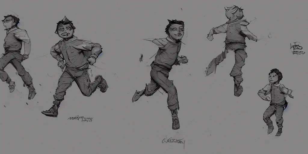 Image similar to cartoonish little leonardo di caprio running, character sheet, fine details, concept design, contrast, kim jung gi, greg rutkowski, trending on artstation, 8 k, full body, turnaround, front view, back view, ultra wide angle