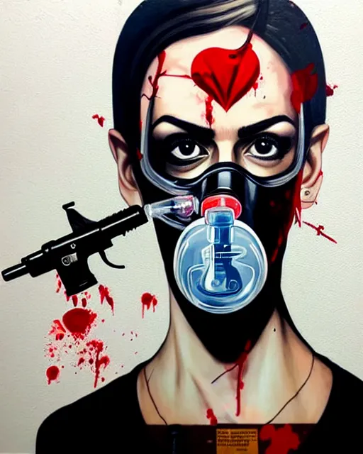 Image similar to portrait of a spy wearing oxygen mask, has blood, rose, a pistol and a syringe needle with sea background intricate details with horror side profile by Sandra Chevrier