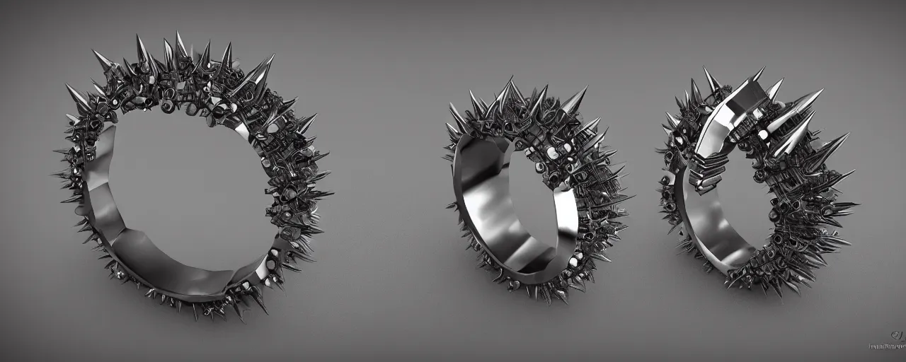 Prompt: tungsten ring with spikes, ring, steel, crystals, smooth shank, engravings, product design, jewelry, art by gerald brom, greg rutkowski and artgerm and james jean and zdzisław beksinski, 8 k, unreal engine, c 4 d