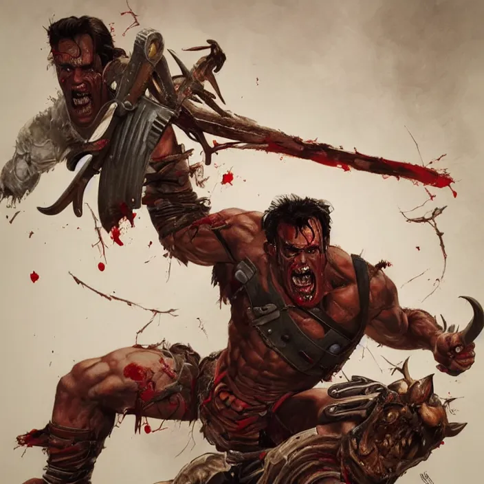 Image similar to Ash Williams from The evil dead, manowar album, Muscular man, chainsaw attached to hand, ripping demon torso, blood, artstation, concept art, smooth, sharp focus, highly detailed, illustration, art by artgerm and greg rutkowski and alphonse mucha