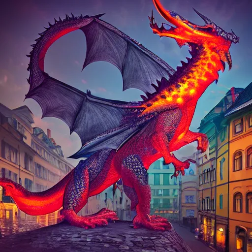 Image similar to Ljubljana dragon breathing fire, trending on artstation, vivid colours