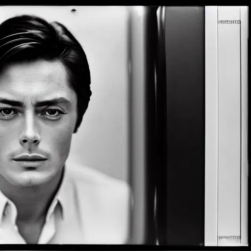 Image similar to stunning symmetrical portrait of alain delon in front of a ( ( ( tall moog synthesizer ) ) ), high contrast grainy blank and white photography print ilford warm tone