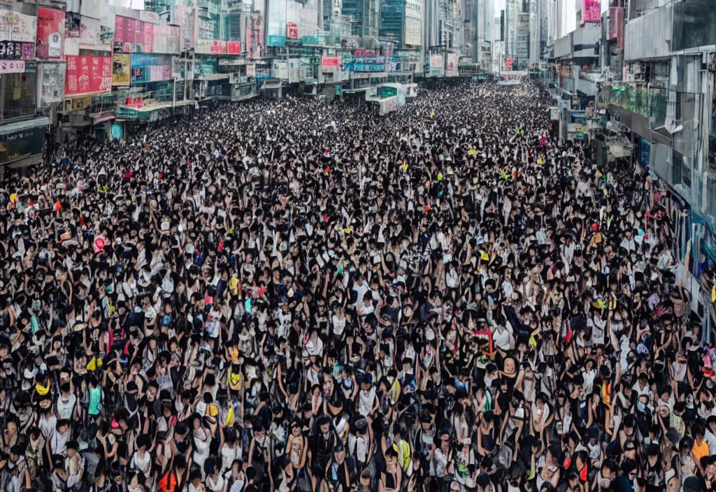 Prompt: fashion editorial in hong kong riot. wide angle shot. highly detailed.