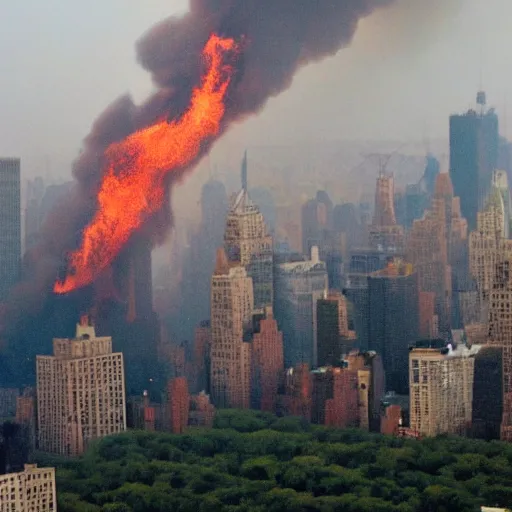 Image similar to nyc, over grown with trees, on fire