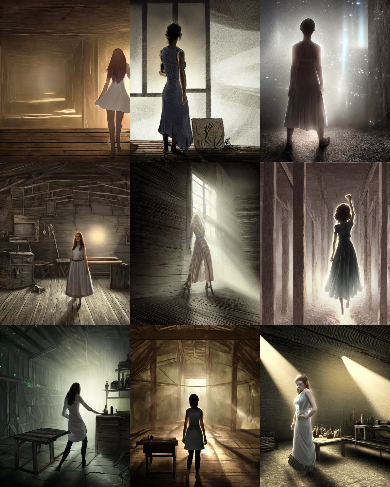 Prompt: style : disco elysium. composition : medium shot. style : digital art ; detailed ; dreamlike ; 4 k. scenery : the inside of a dark barn ; a faint ray of light is shining through a crack in the planks. subject : a young woman ; dark hair ; wearing a white dress. action : the woman is hiding behind a workbench.