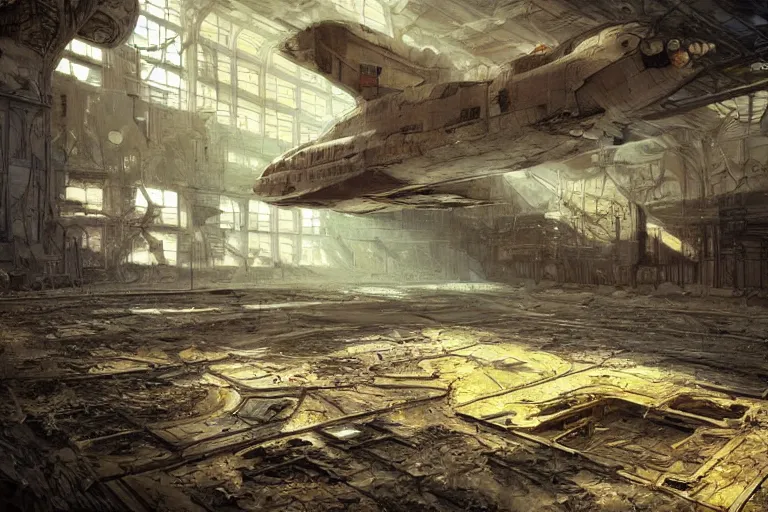 Image similar to abandoned wrecked space shuttle in the interior of an ancient abandoned sci - fi factory an old oak tree grows from the floor golden rays of sunlight enter through the window gold neon lights digital art trending artstation