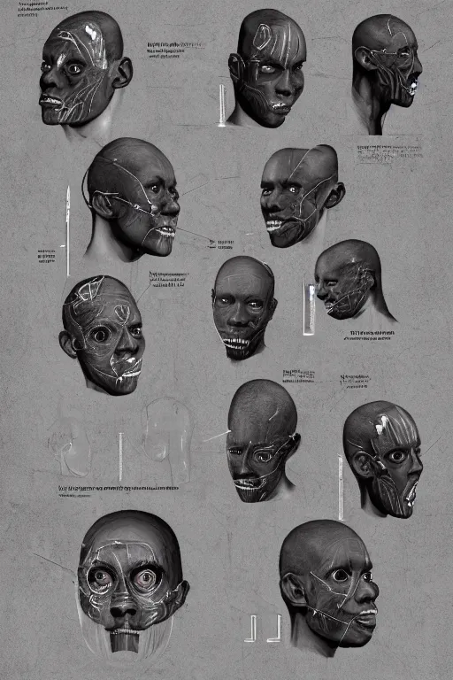 Image similar to african facial anatomy with gunmetal grey skin, medical anatomy, very symmetrical face, highly detailed, three - perspective / three - view reference sheet ( front / back / side ), in the style of dan ouellette, steven jung, amanda lilleston, hr giger, sil from species, dren from splice, mecha, artstation, unreal engine