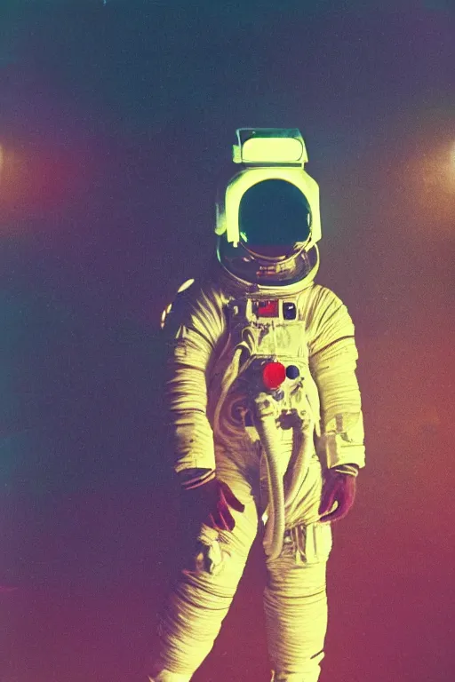 Prompt: astronaut with neon glowing skull, 1 9 6 0 s, color bleed, ektachrome photograph, volumetric lighting, f 8 aperture, cinematic eastman 5 3 8 4 film stanley kubrick