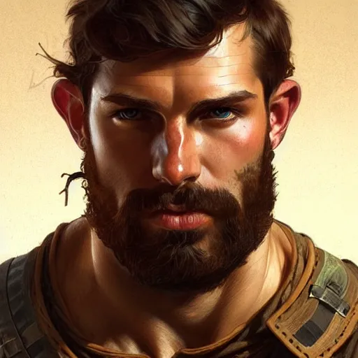 Image similar to portrait of a young rugged ranger, muscular, upper body, hairy torso, D&D, fantasy, intricate, cinematic lighting, highly detailed, digital painting, artstation, concept art, smooth, sharp focus, illustration, art by Artgerm and Greg Rutkowski and Alphonse Mucha