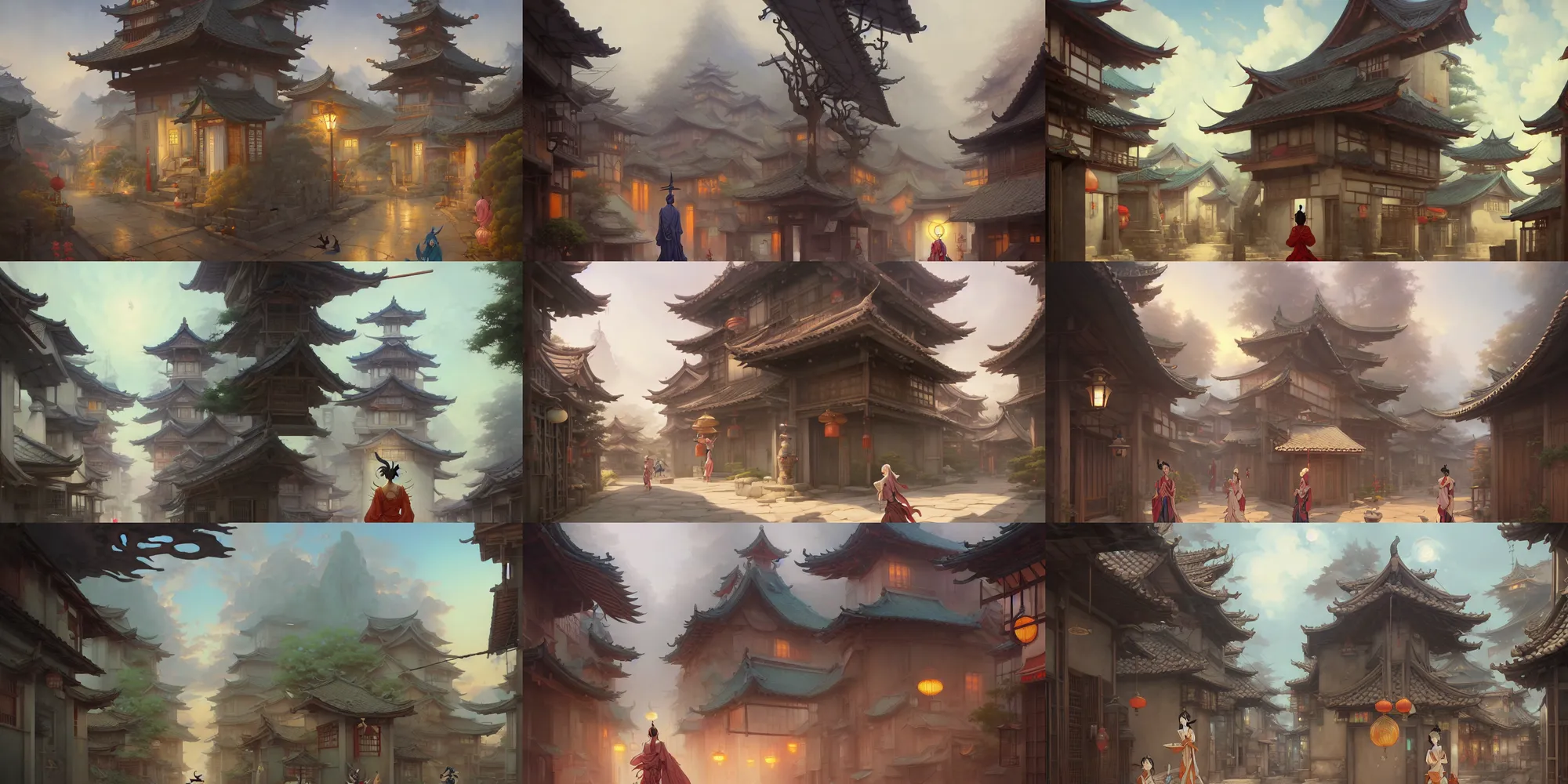 Prompt: a painting of a traditional asian village street, with a massive statue of a strange and surreal angel by peter mohrbacher ; a high definition screenshot from the haunting and mystical dark fantasy science fiction anime anime anime film ; digital painting by peter mohrbacher and makoto shinkai, trending on artstation