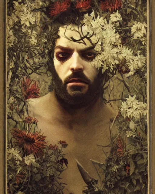 Image similar to a handsome but sinister and creepy man in layers of fear, with haunted eyes, violence in his eyes, 1 9 7 0 s, seventies, delicate embellishments, a little blood, woodland, moonlight shining on wildflowers, painterly, offset printing technique, by alexandre cabanel