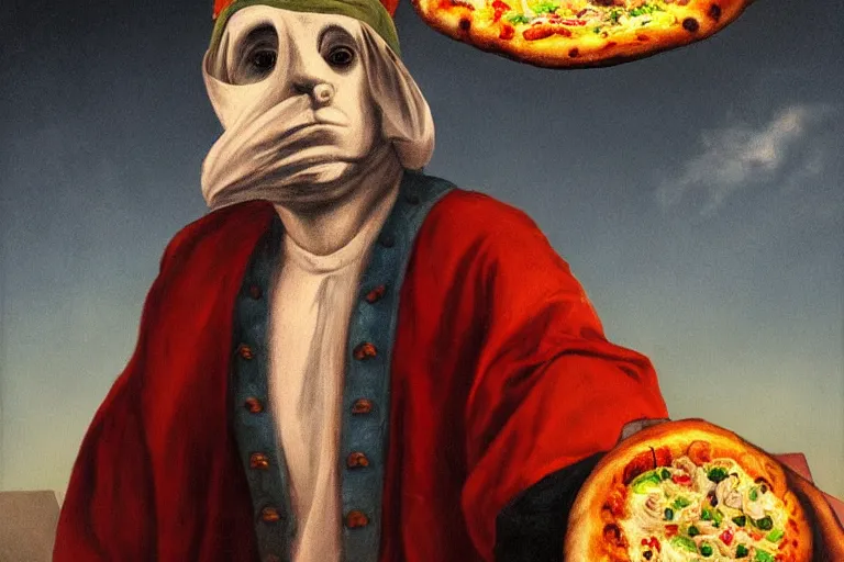 Prompt: a highly detailed portrait of pulcinella!!! from naples with a pizza!!, a burning volcano in the background, an ultrafine detailed painting by achille superbi, dark mood, trending on deviantart, whimsical, lowbrow, coherent, sharp focus, octane, masterpiece