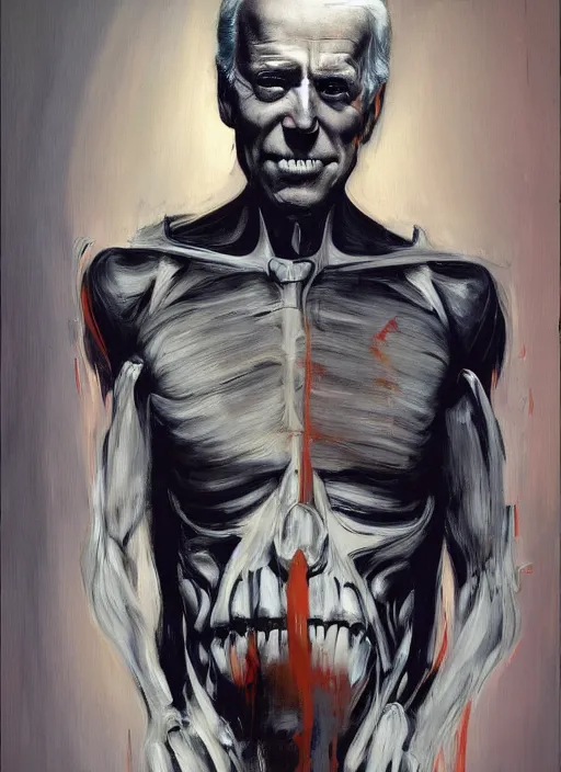 Prompt: joe biden skeleton, deep face features, scary, painting by phil hale, fransico goya,'action lines '!!!, graphic style, visible brushstrokes, motion blur, blurry, visible paint texture, crisp hd image