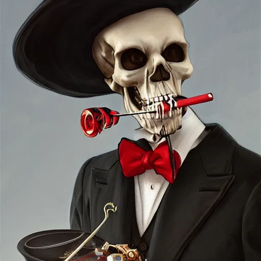 Prompt: close portrait of a fancy skeleton grim reaper with red eyes and with a top hat, smoking a pipe, vaporwave, bedroom, highly detailed, digital painting, artstation, concept art, smooth, sharp focus, illustration, art by artgerm and greg rutkowski and alphonse mucha