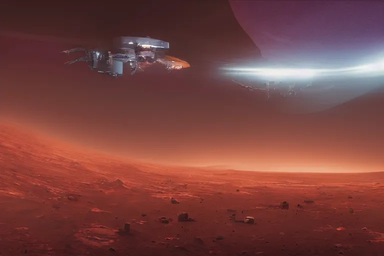 Prompt: a cinematic picture of cyberpunk cargo ship landing in a starport on mars, fog and lightnings, ridley scott and zack snyder, 8 k, hd, high resolution, 8 5 mm, f / 1. 8