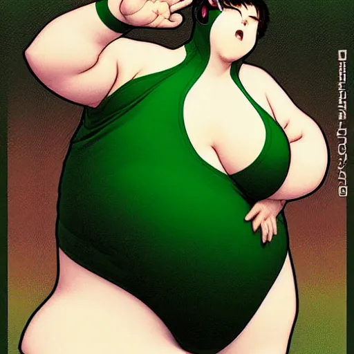 Prompt: masculine slightly overweight chonky pigeon in a green onepiece body suit, by Range Murata and Mucha
