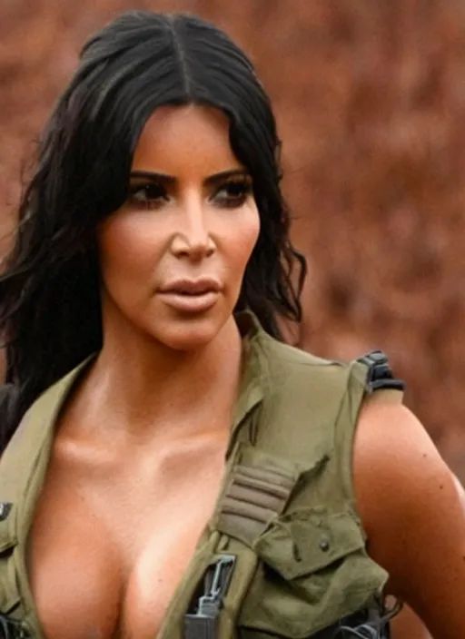 Prompt: film still of kim kardashian as John Rambo in Rambo, sweaty