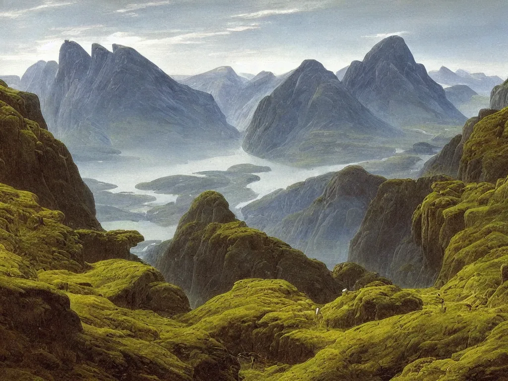 Prompt: a painting of a majestic mountainous landscape of norway in summer by caspar david friedrich, high detail,