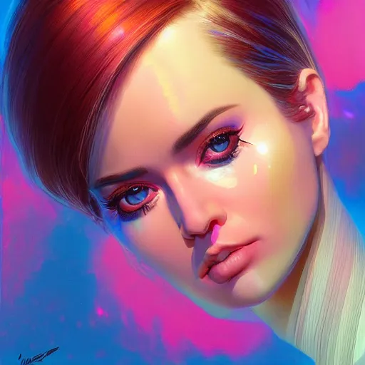 Image similar to hologram woman is bored, with cute - fine - face, pretty face, oil slick hair, realistic shaded perfect face, extremely fine details, by realistic shaded lighting, dynamic background, poster by ilya kuvshinov katsuhiro otomo, magali villeneuve, artgerm, jeremy lipkin and michael garmash and rob rey, pascal blanche, kan liu