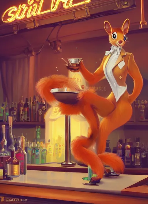 Image similar to squirrel anthro as a dapper bartender with a big, fluffy tail, retro futurism, art deco, detailed, painterly digital art by WLOP and Cory Loftis and Delphin Enjolras, 🐿🍸🍋, furaffinity, trending on artstation