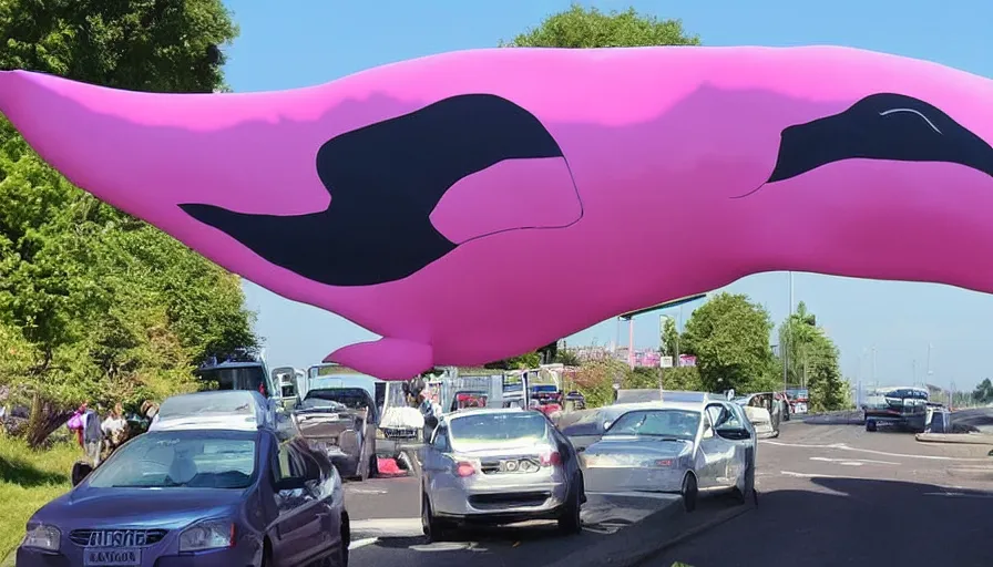 Image similar to a giant pink whale falling out of a blue sky onto cars on a busy bridge