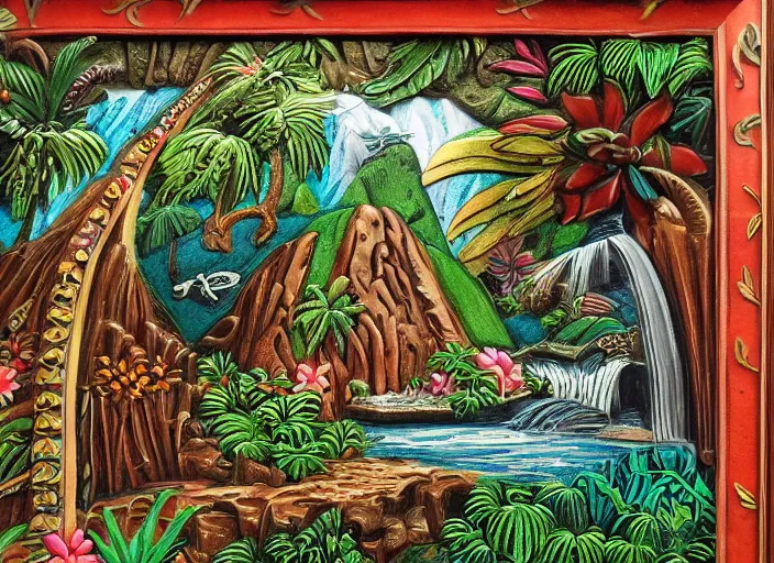 Image similar to colorized stylized bas relief sculpture of a tropical paradise with a waterfall and a detailed ornate frame in mexico folk art style