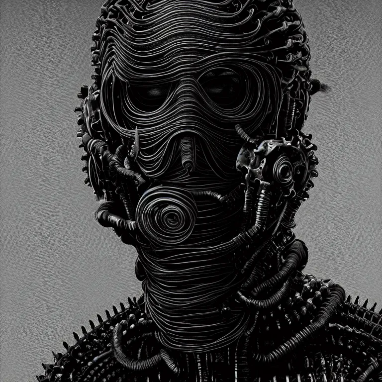 Image similar to portrait of beautiful man wearing black exoskeleton ribbed mechanical black mask covered with ribbed spinal tubes, wastelands, baroque painting, beautiful intricate insanely detailed octane render, artstation, 8 k artistic harsh flash photography, photorealistic, volumetric perfect light, chiaroscuro, beeple, annie liebovitz, raphael, caravaggio, rutkowski