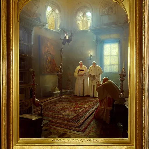 Image similar to the pope is in his bedroom, scared because a horned demon is attacking him. highly detailed painting by gaston bussiere, greg rutkowski, craig mullins 8 k