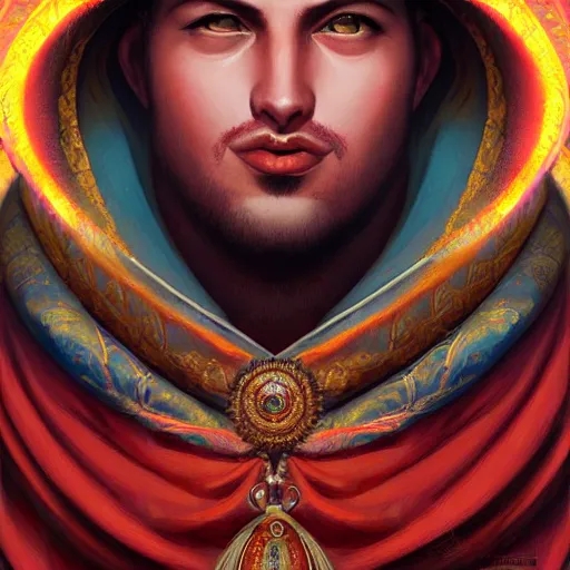 Prompt: detailed portrait of emperor nero, old roman style, non - reflective blue neon cloak, decorated with traditional roman ornaments by rhads, makoto shinkai cyril rolando, madgwick illustrated, perfect face, fine details, realistic shaded, fine - face, pretty face