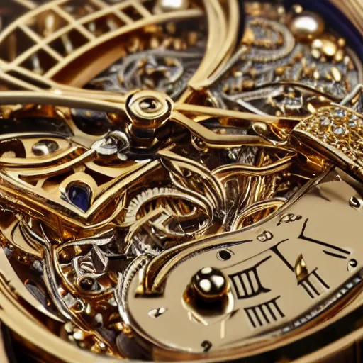 Image similar to close up of a gold wrist watch, intricate, complex, high detail