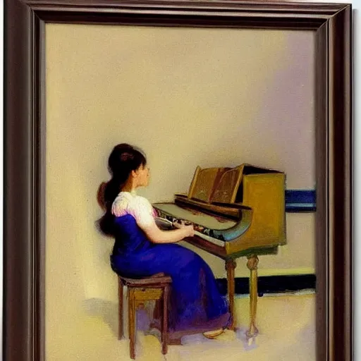 Prompt: a painting of a girl with her back to the piano, by john french sloan