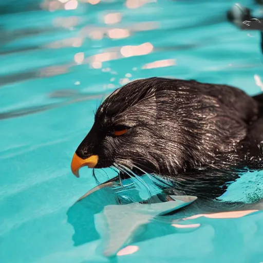 Image similar to a kiwi bird swimming in a pool together with a black cat, high quality