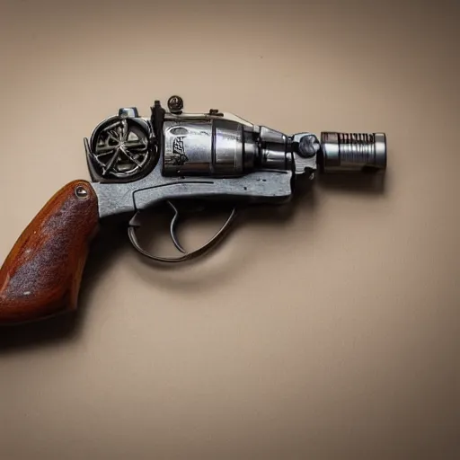 Image similar to product photography of a steampunk revolver