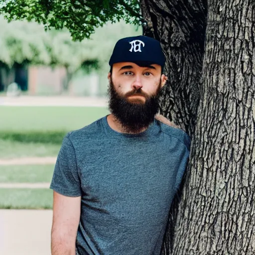 Image similar to a man in a baseball cap standing in front of a tree, a picture by Mac Conner, reddit, postminimalism, handsome, bryce 3d, aesthetic