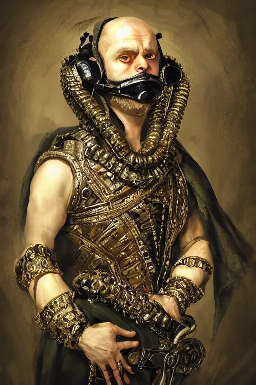 Prompt: portrait, headshot, digital painting, of a 17th century, regal, old, middle eastern, decadent, cyborg nobleman, dark hair, gasmask, amber jewels, baroque, ornate dark green opulent clothing, scifi, futuristic, realistic, hyperdetailed, concept art, chiaroscuro, Frans Hals style