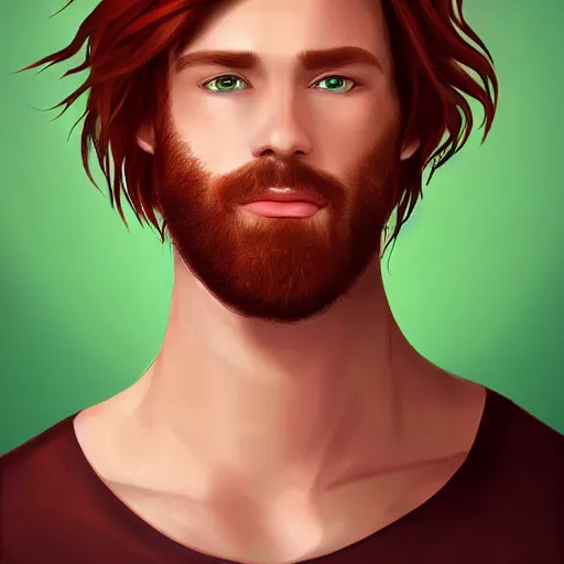 Prompt: professional digital art of a man with natural reddish hair and green eyes, popular, high quality, highly detailed, hd, 4 k